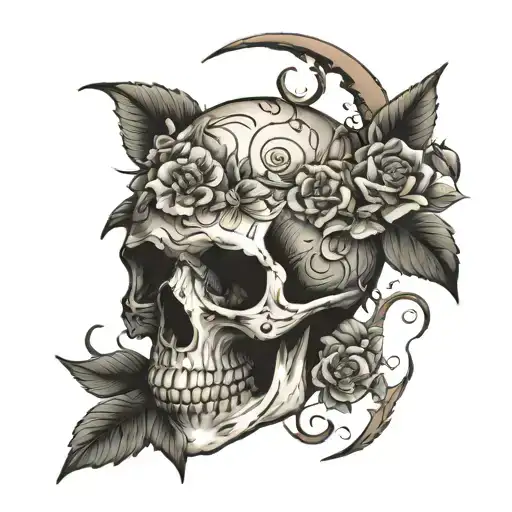 Skull With Half Moon Flowers Growing