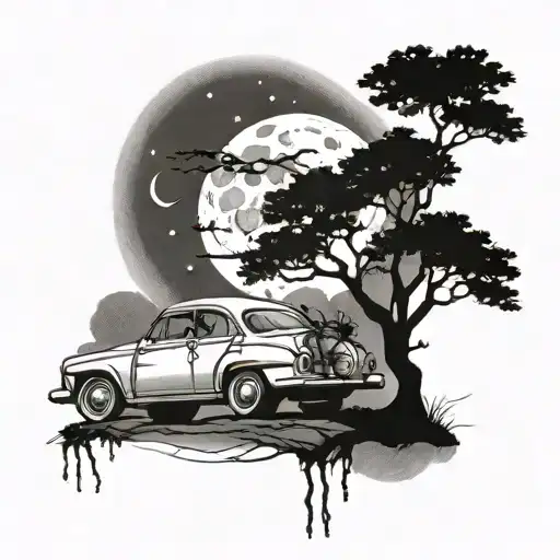 Men Watcing A Moon Under Tree With Car