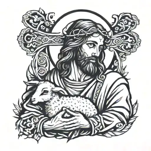 Jesus Holding Cross With A Lamb