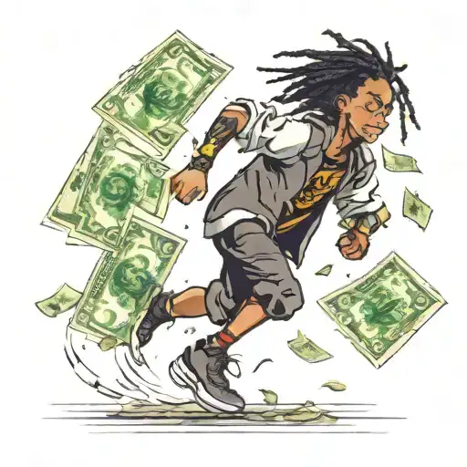 Young Paper Chaser Boy Black With Mid Dread-head Running With Money Falling Throug Space