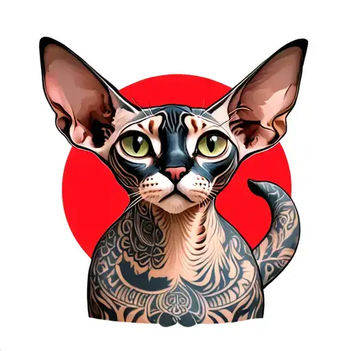 Sphinx Cat With Tattoos All Over Its Body And A Large Round Red Circle Behind It