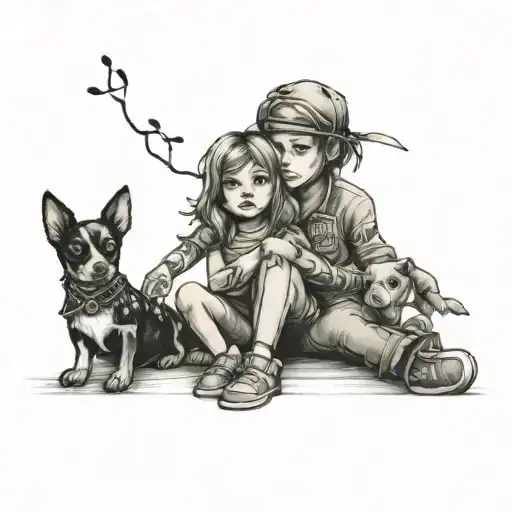 A Tattoo Of A Boy With A Little Girl Holding Hands And A Mini Dog Next To The Girl's Feet