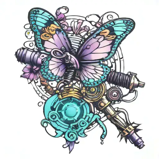 Purple And Turquoise Butterfly Incorporating A Microphone And An Airplane