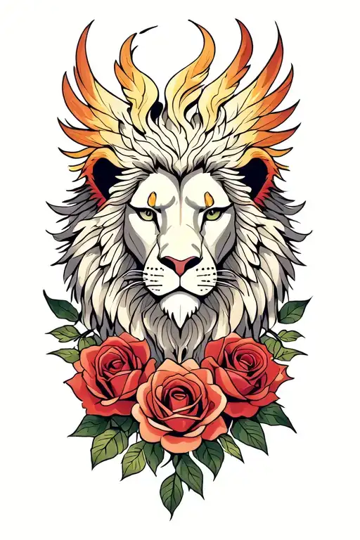 Lion Head Phoenix Tattoo With Roses