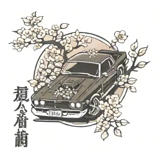 Japanese Sport Cars And Sakura Tree