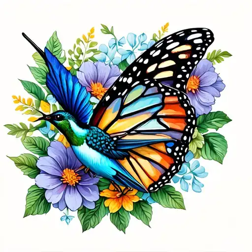 Monarch Butterfly And Blue Humming Bird With Flowers