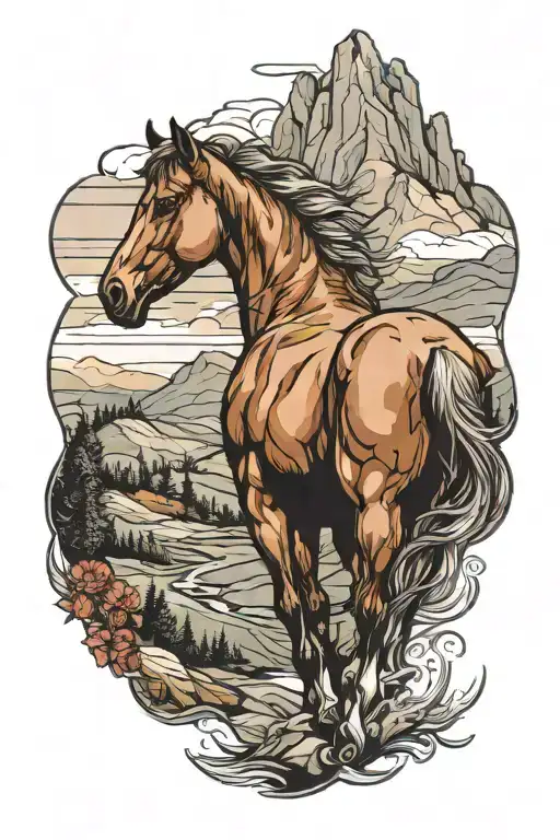 Realism Suffolk Punch Horse In Mountains Panorama