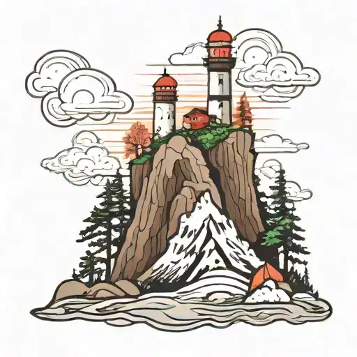 Mountain With Lighthouse And Forest Behind
