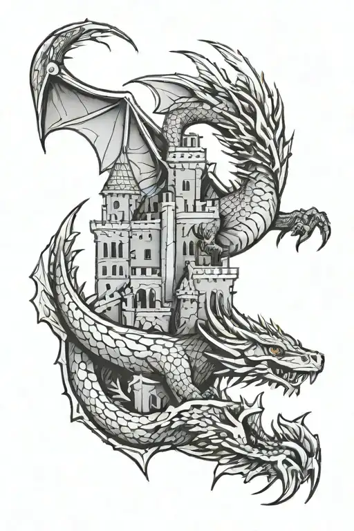 Wyvern With Castle Background Black And White