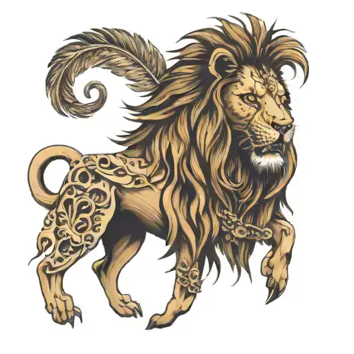 Lion Wearing Human Skull Necklace Containing 3 Feathers