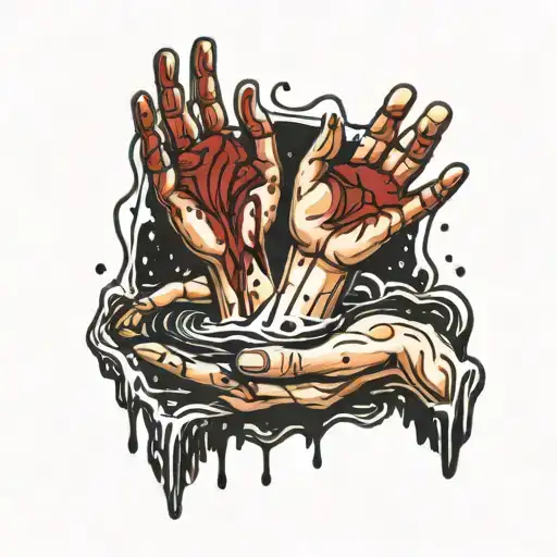 Hands Holding Water Raising Out Of A Puddle Of Blood