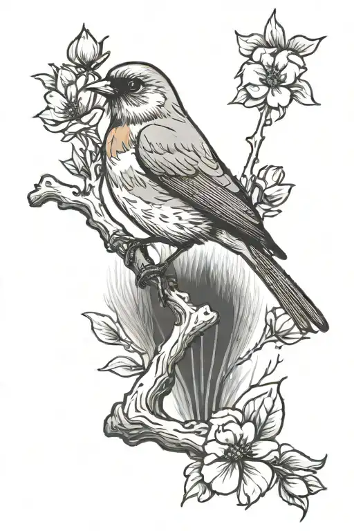 Robin Bird On A Branch Looking Up At A Cardinal With Flower Accents