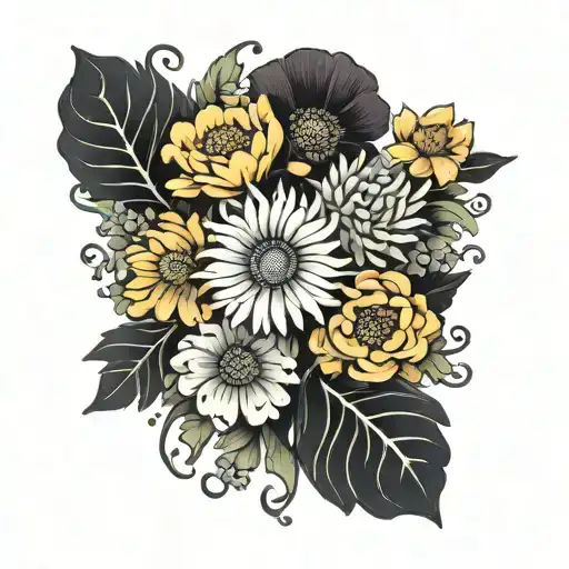 Poppy Daisy Chrysanthemum Marigold Violet Flower Intertwined