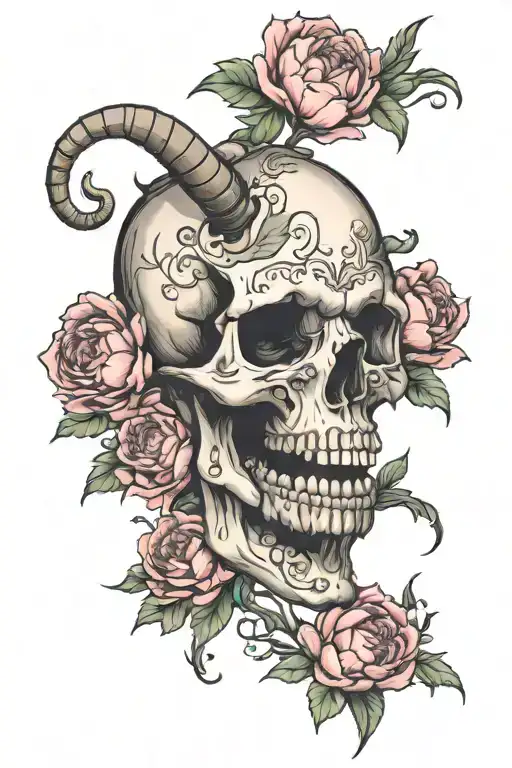 Skull With Horns And Peonies Blooming