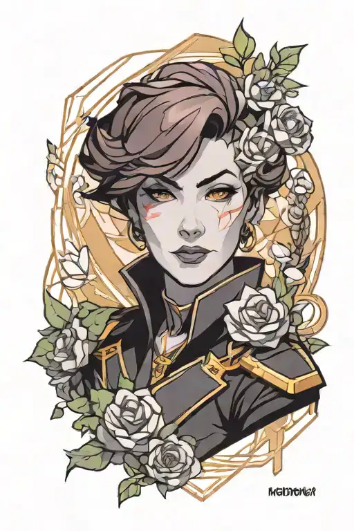 Bust Portrait Of Moira O'deorain From Overwatch 2 With A Geometric And Floral Background