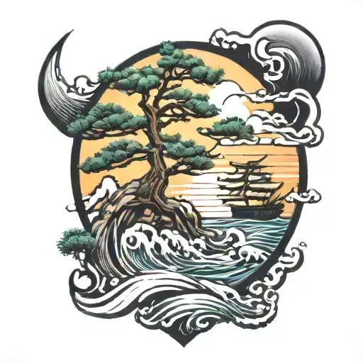 Pine Tree Bonsai And Crane And Sun And Wave Breaking