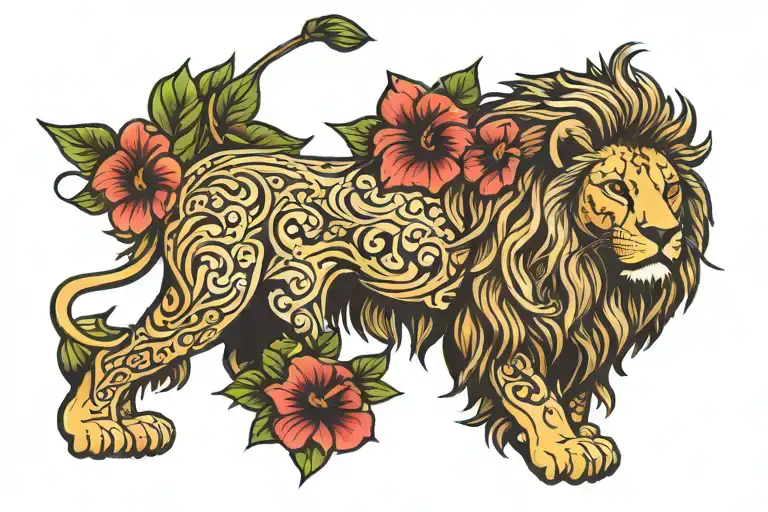 Full Body Lion With Hibiscus Flower
