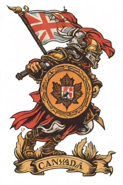 Tattoo Of A Warrior Holding A Shield With A Canadian And Quebec Flag Inside