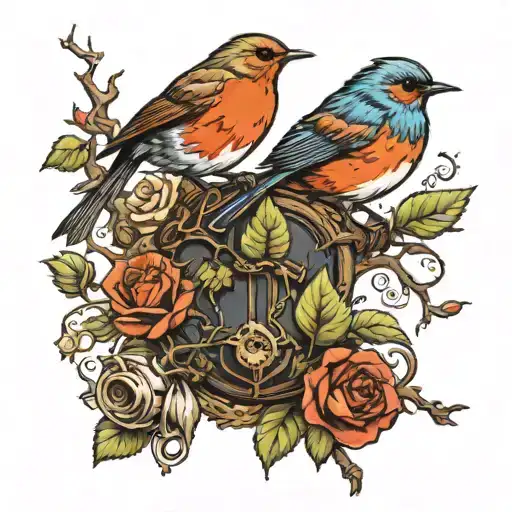 A Robin And A Rose On A Ebony Tree With A Gypsy Caravan