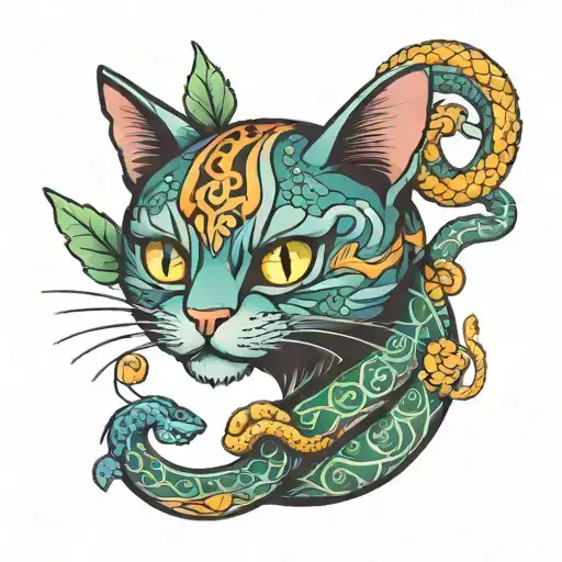 A Tattoo Design Combining A Cat And A Snake In A Playful And Whimsical Way