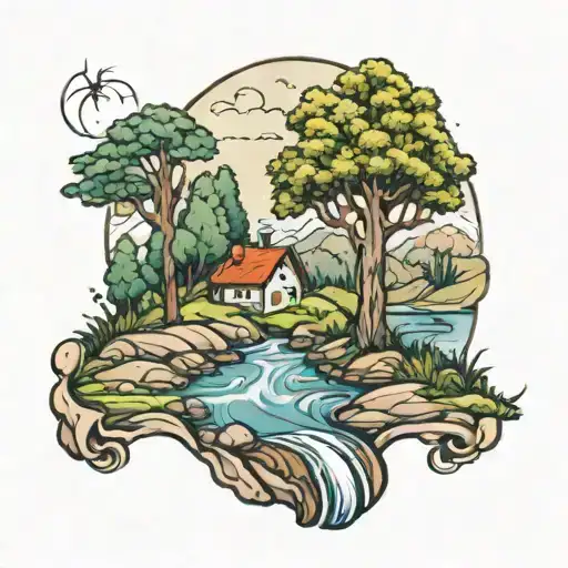 A Landscape Including A Linden Tree And A Stream Flowing