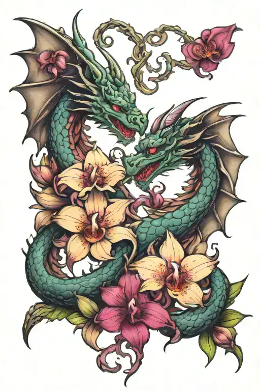 Dragon And Orchid Intertwined Hearts