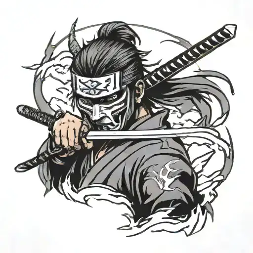Blindfold Hanging On Samurai Sword With Lightning Bolt