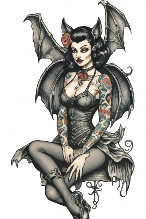 Tattoo Bat And A Pin-up Girl With Bat Wings