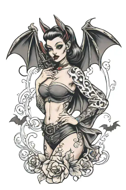 Tattoo Bat And A Pin-up Girl With Bat Wings