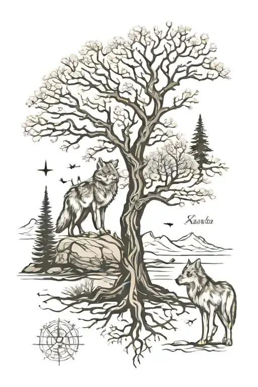 Nordic Tree With Wolf And Coordinates