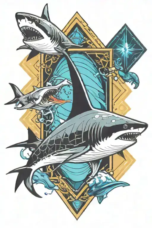 Diamond With Shark Coming Out Of It On Top And Ocean Below