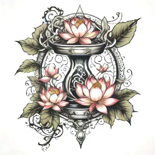 Lotus Flowers To Connect A Tree Of Life And An Hour Glass Made Out Of Tree Roots