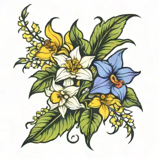 Boquet Of Daffodil And Morning Glory Vine