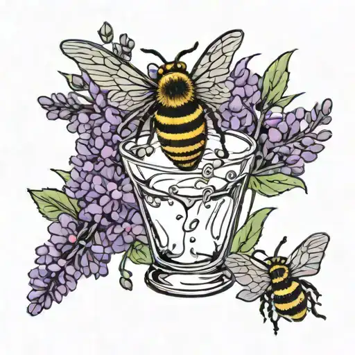 Cocktail Glass Surrounded By Lavender And A Flying Bee