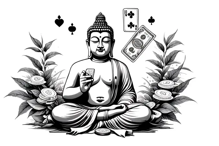 Buddah Sitting Down Holding A Money And Playing Cards Black