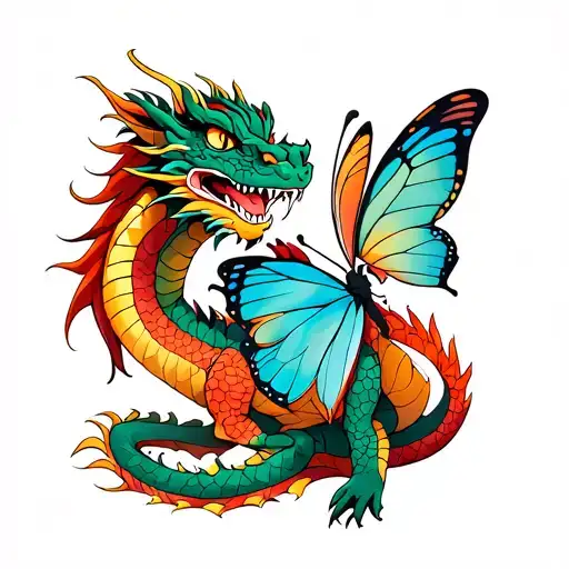 Dragon And Butterfly Sitting Together