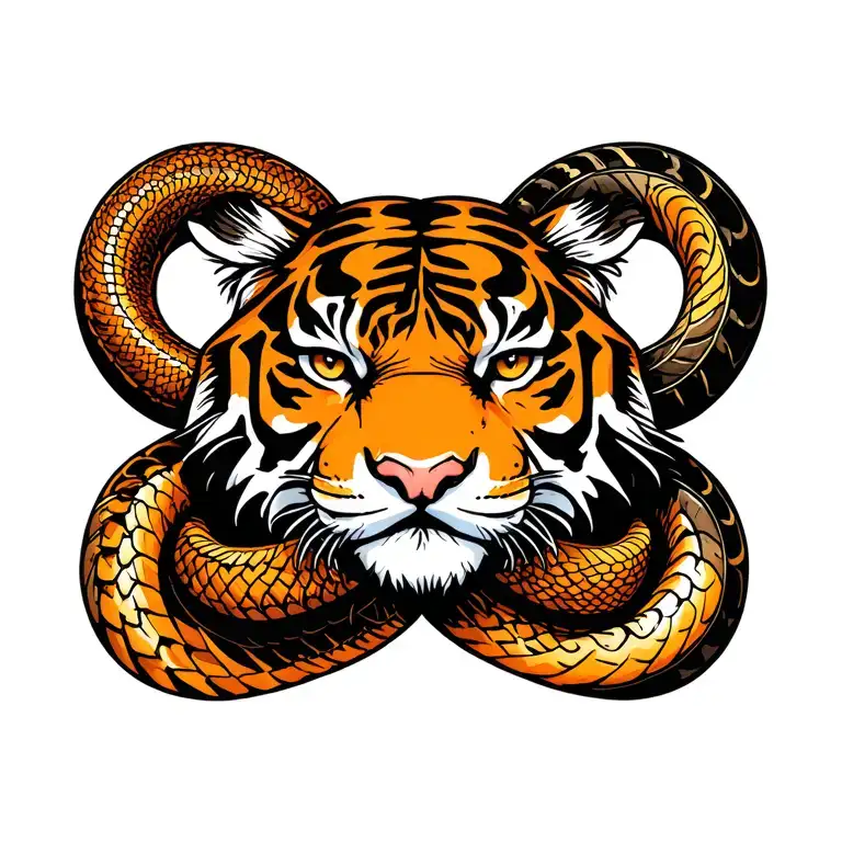 Tiger Face With Coiling Snake Intertwined