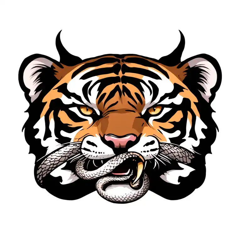 Tiger Face With Coiling Snake In Its Mouth