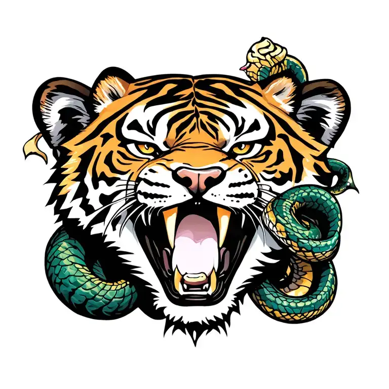 Tiger Face With Coiling Snake In Its Mouth Wide Open