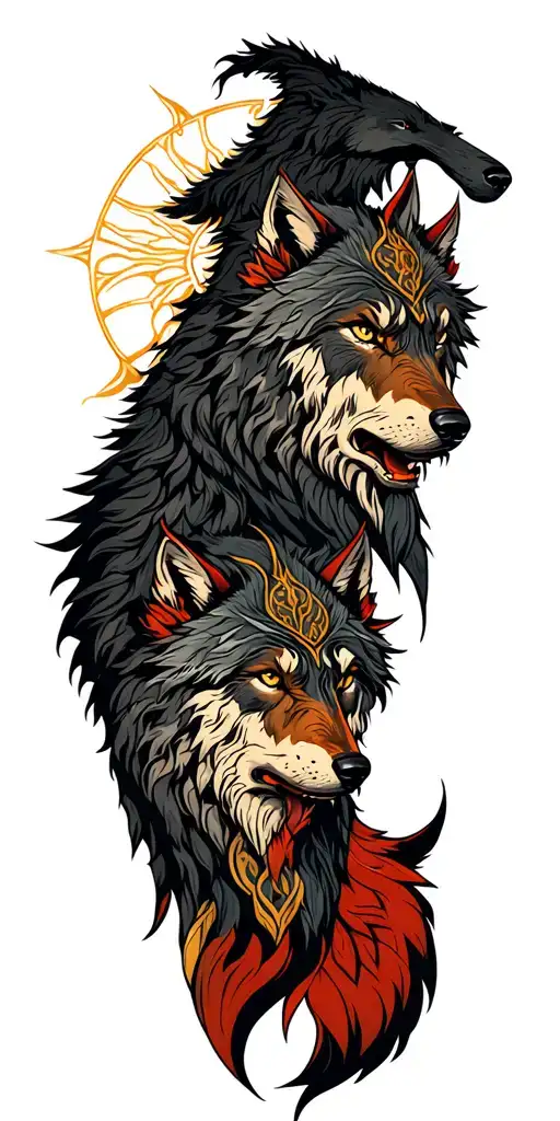 Odin And His Wolves Skoll And Hati Sun