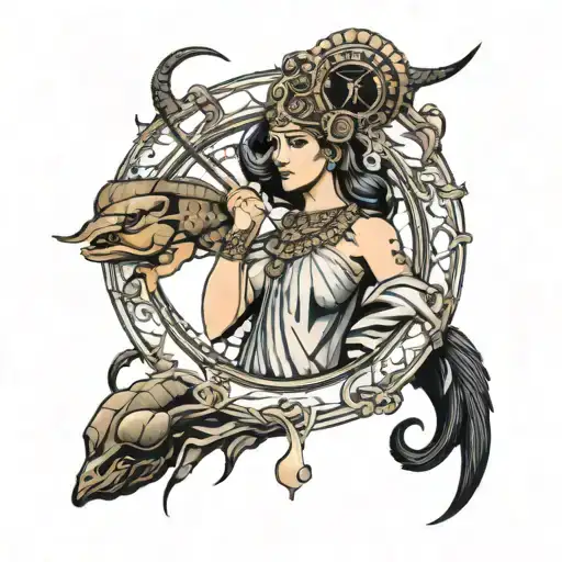 Athena The Goddess With Capricorn On The Left And A Crab On Right Side