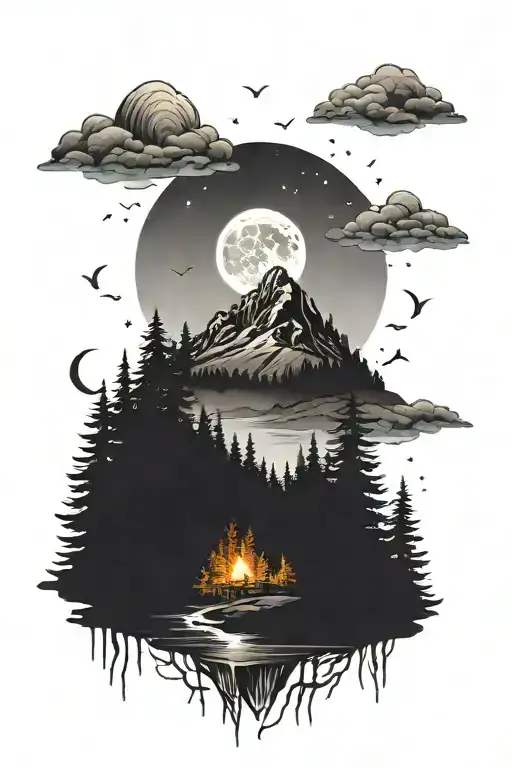 Moutain In A Forest Scene On A Full Moon Night
