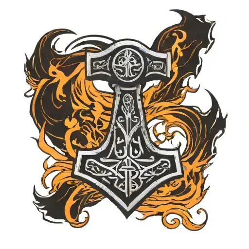 Mjolnir With Flames And The Norse Runes