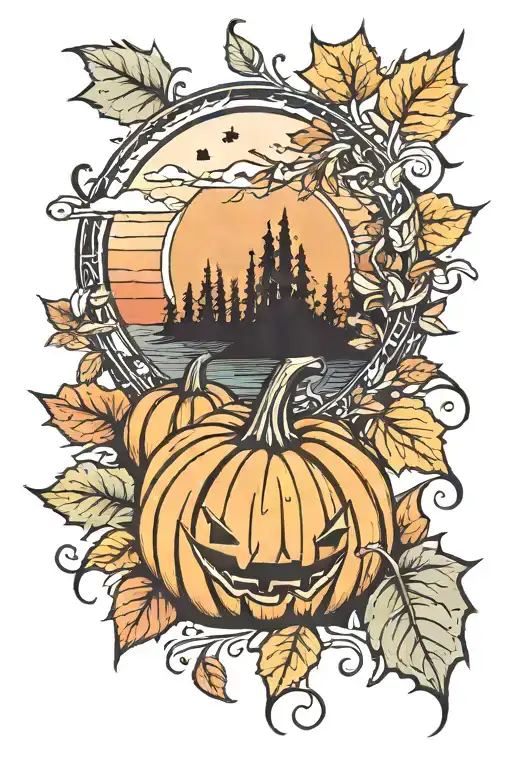 Autumn Harvest Moon Pumpkin Leaves Sunset