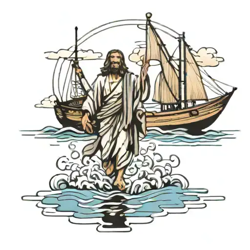 Jesus Walking On Water And A Boat With People Near Him