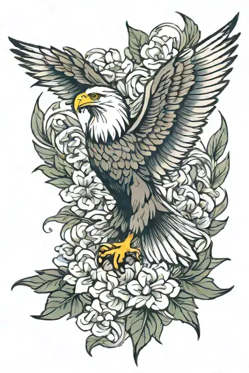 Flowers And Leaves Through Eagle With Winds Spread