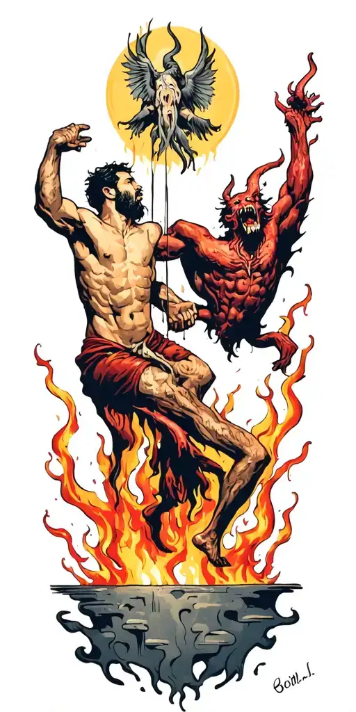 Demons Pulling Man To Hell Climbing Out To God