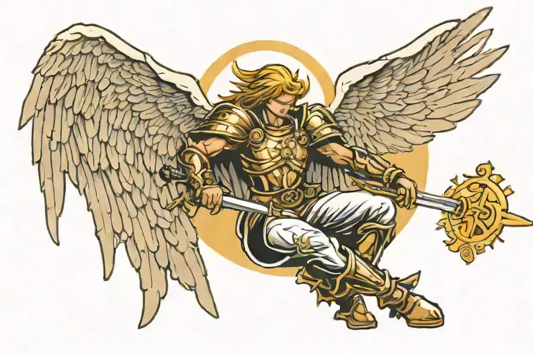Angel Paladin With Two Swords Kneeing And Golden Glow In Background
