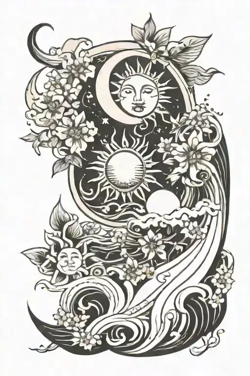 Sun Moon Wave Flowers Symbolizing