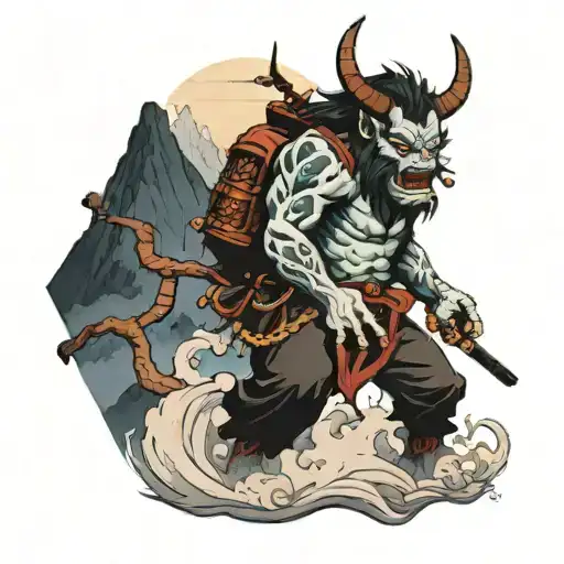 A Mountain Landscape With A Japanese Oni Demon Hiking Through The Mist